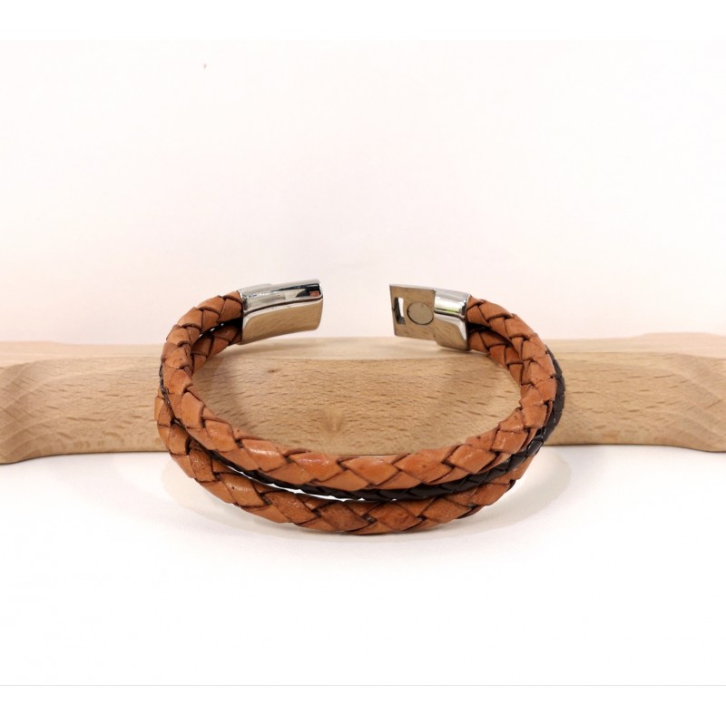 Bracelet cuir tresse camel pour Homme : vente directe du fabricant Taille  21cm
